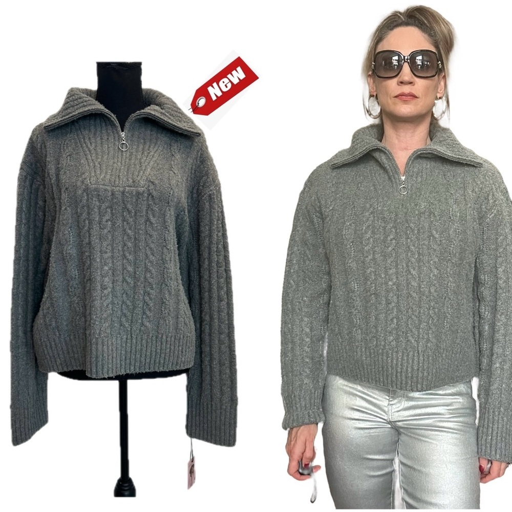 Sincerely Jules gray soft cable knit Quarter Zip high neck sweater XL NWT
